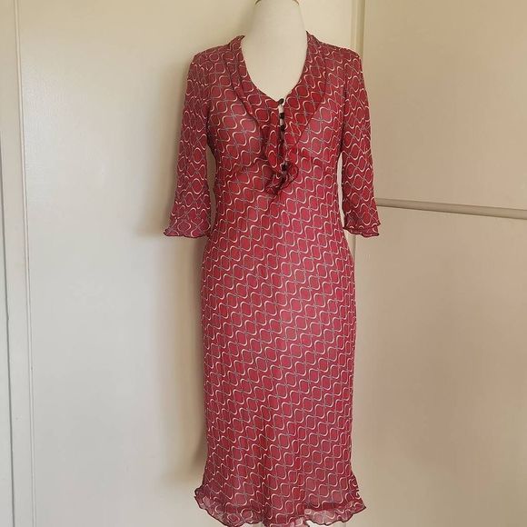 Lapis Red Geometric Bias Cut Dress, Pre-Owned, Sz.M - Picture 1 of 11